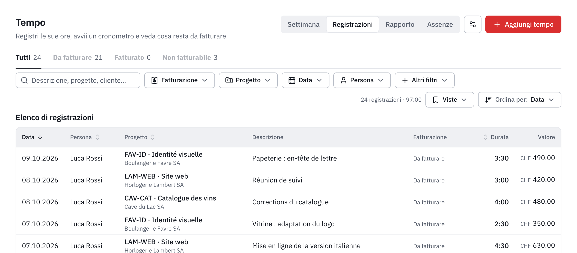 La scheda Registrazioni: le schede Tutti, Da fatturare, Fatturato e Non fatturabile, i filtri e l’elenco delle registrazioni con il loro valore.