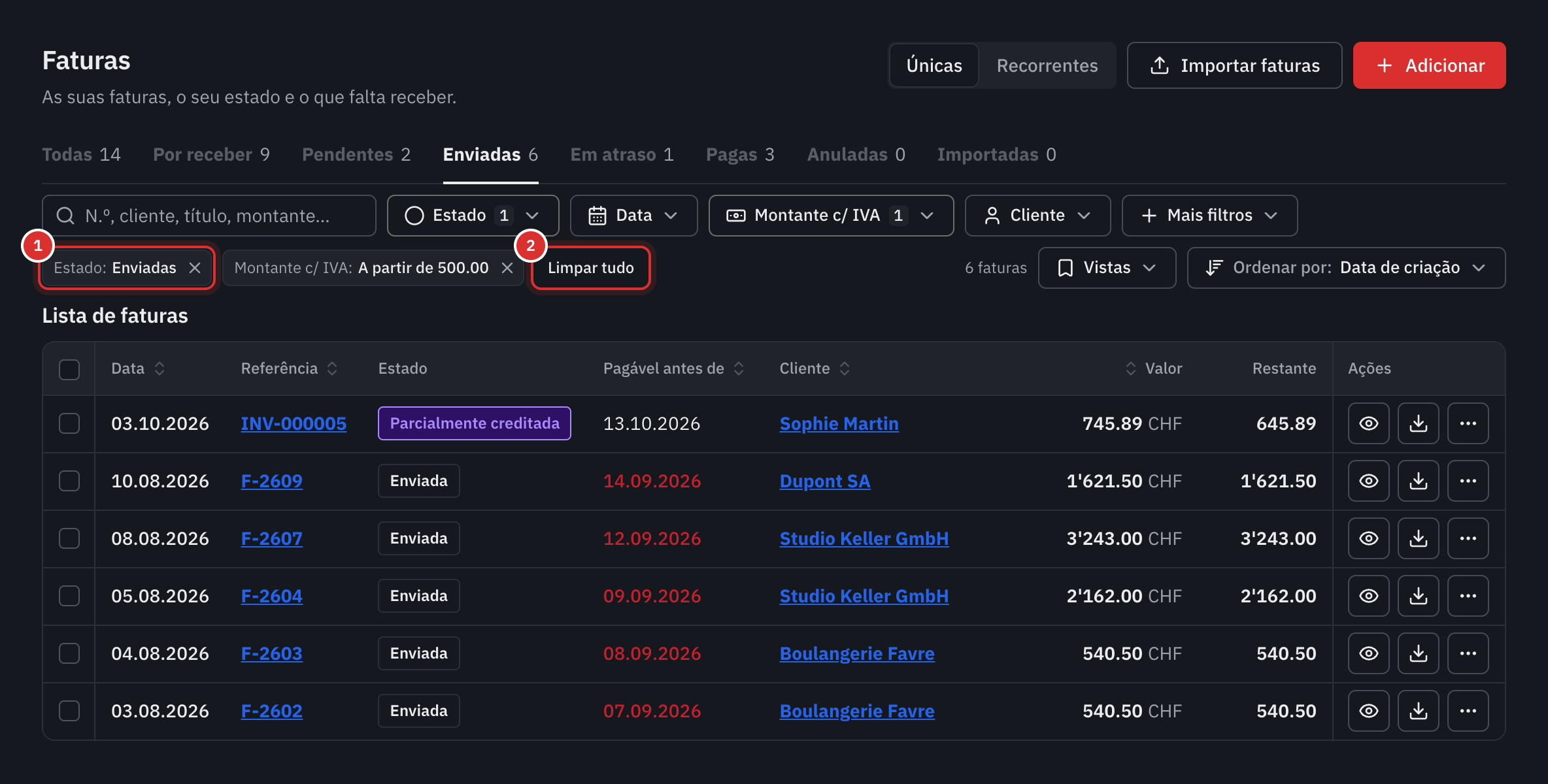 Dois filtros ativos, Estado Enviadas e Montante c/ IVA a partir de 500, com Limpar tudo e a lista reduzida a cinco faturas.