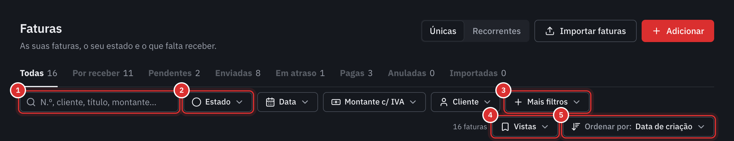 A barra de ferramentas da lista das faturas: a pesquisa, os filtros Estado, Data, Montante c/ IVA e Cliente, Mais filtros, Vistas e Ordenar por.