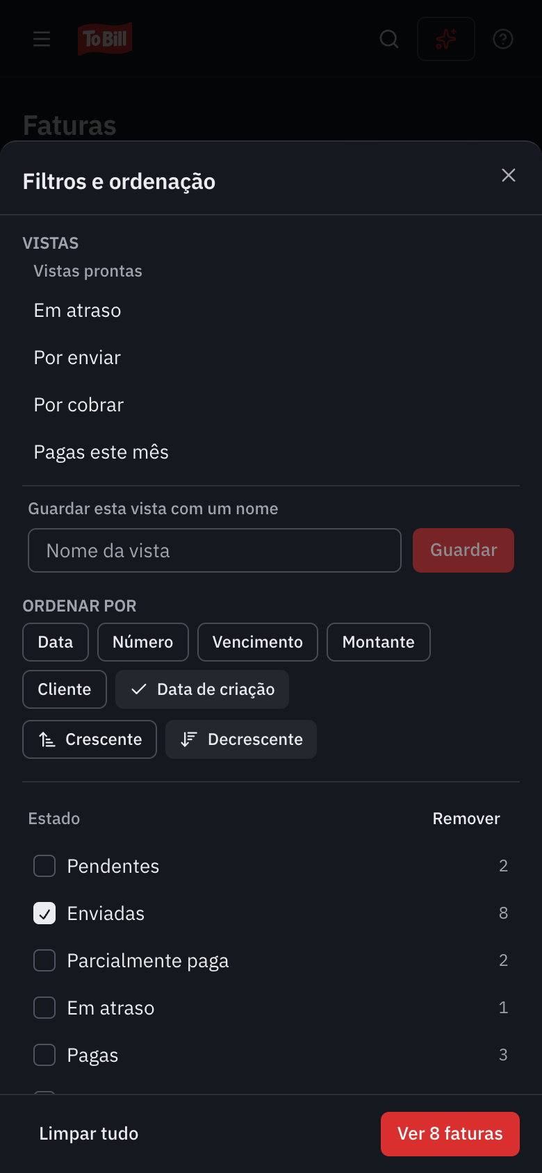 O painel Filtros e ordenação num telemóvel: as vistas, a ordenação e o filtro Estado, com o botão Ver 7 faturas.