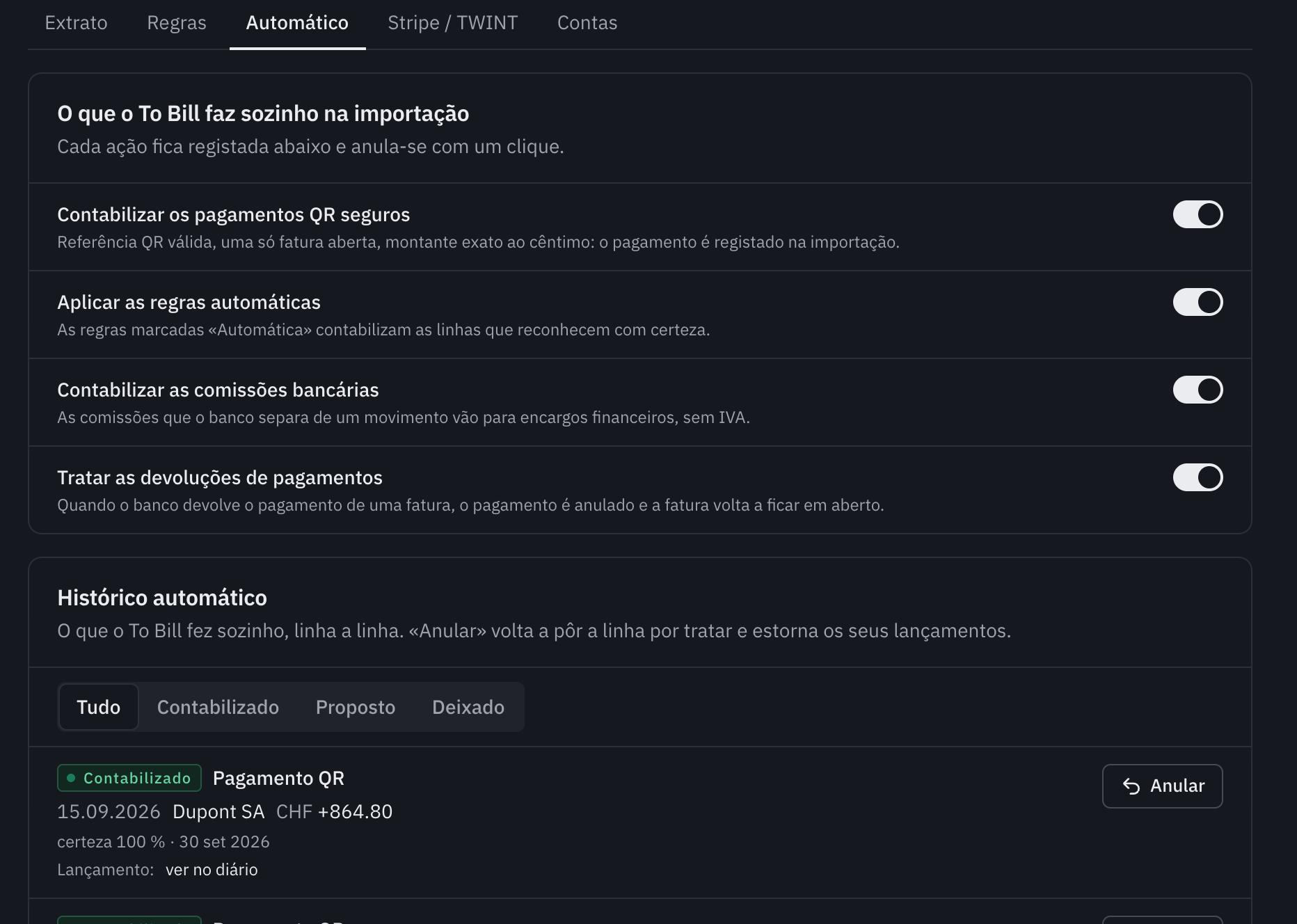 O separador Automático: os quatro interruptores, todos ativados, e por baixo o histórico automático com um pagamento QR contabilizado e o respetivo botão Anular.