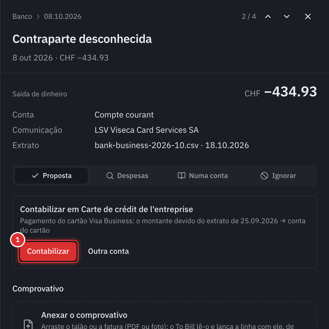 O painel de uma linha bancária de 434.93, LSV Viseca Card Services SA: a proposta Contabilizar em Cartão de crédito da empresa, pagamento do cartão Visa Business, o montante devido do extrato de 25.09.2026 e o botão Contabilizar.