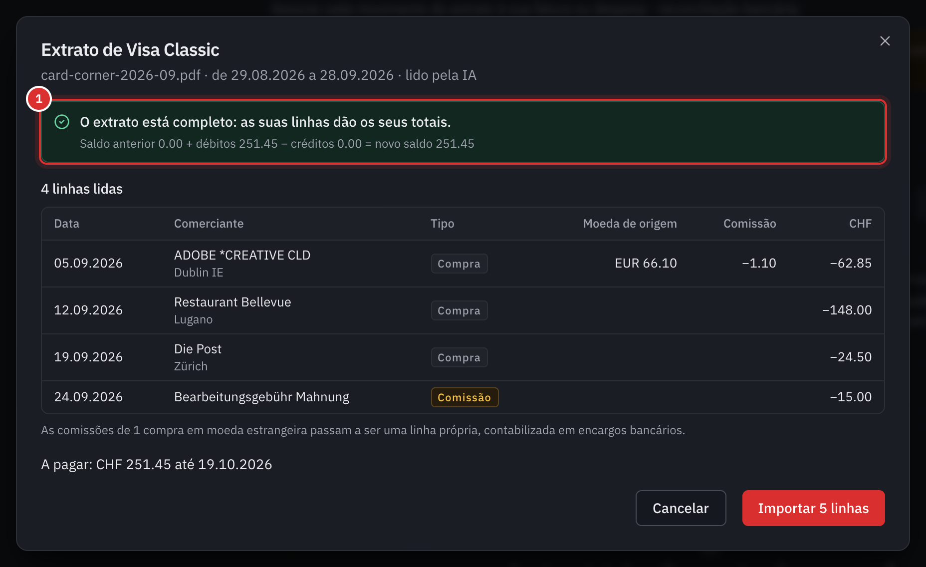 A janela Extrato de Visa Classic: o extrato lido pela IA, o controlo O extrato está completo com o cálculo do novo saldo, quatro linhas lidas, entre elas uma compra em euros e a sua comissão, o montante a pagar e o botão Importar 5 linhas.