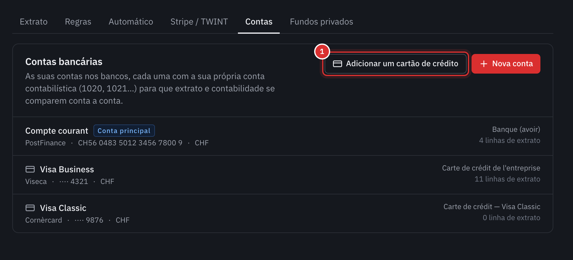 O separador Contas do banco: a conta corrente PostFinance e dois cartões de crédito, Visa Business da Viseca e Visa Classic da Cornèrcard, cada um com a sua conta contabilística, e o botão Adicionar um cartão de crédito.