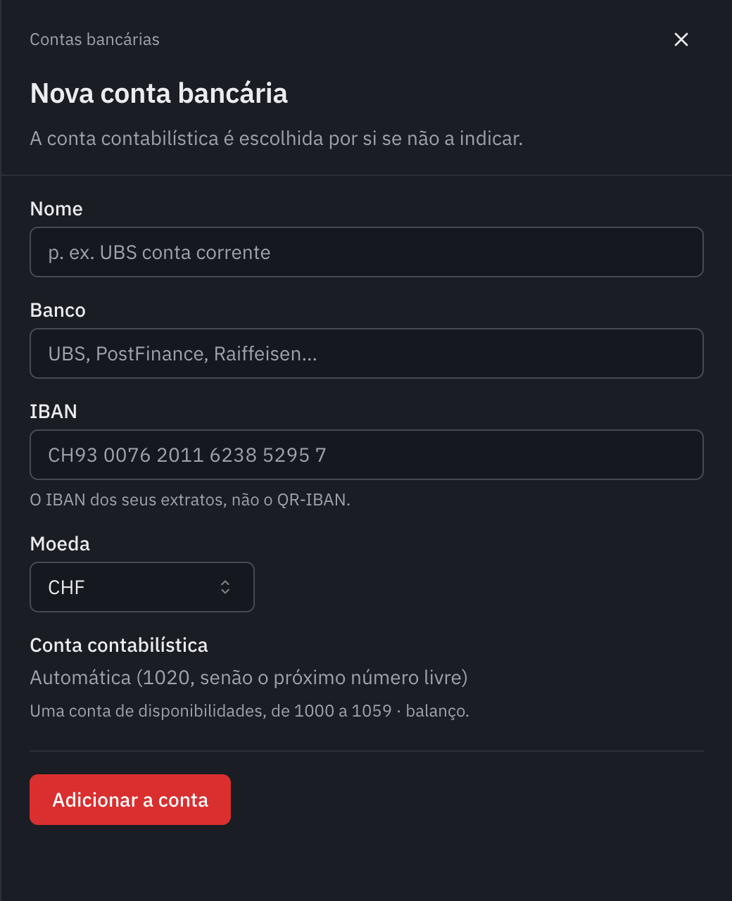 O formulário Nova conta bancária: o nome, o banco, o IBAN, a moeda, a conta contabilística automática e o botão Adicionar a conta.