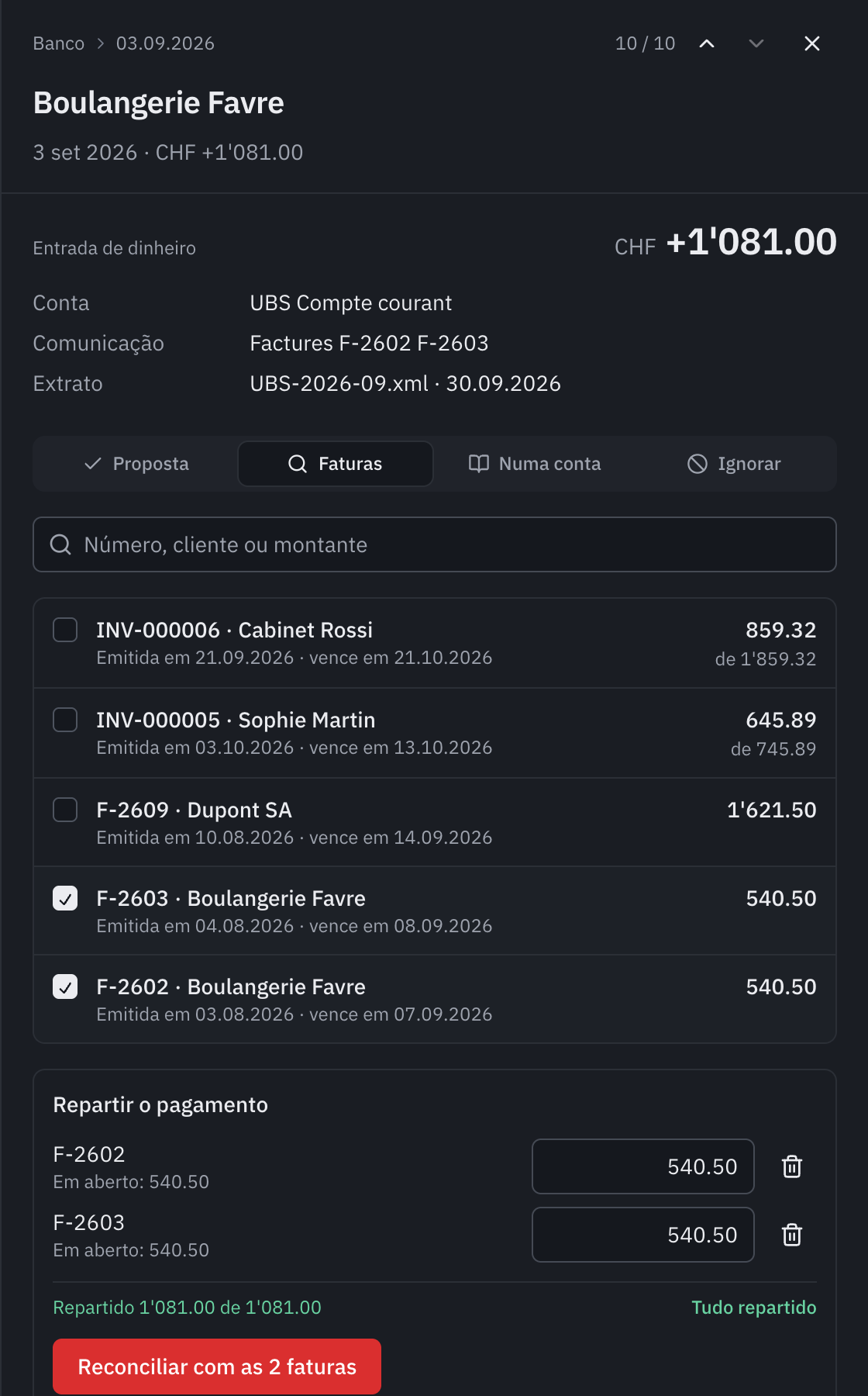 A opção Faturas: F-2603 e F-2602 da Boulangerie Favre assinaladas, o pagamento repartido, 540.50 cada uma, e o botão Reconciliar com as 2 faturas.