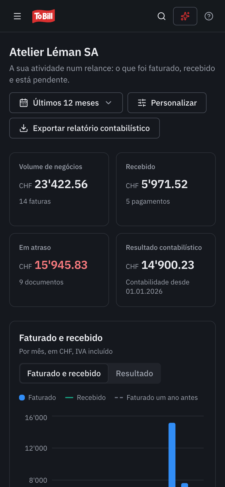 O painel de controlo do To Bill num telemóvel.