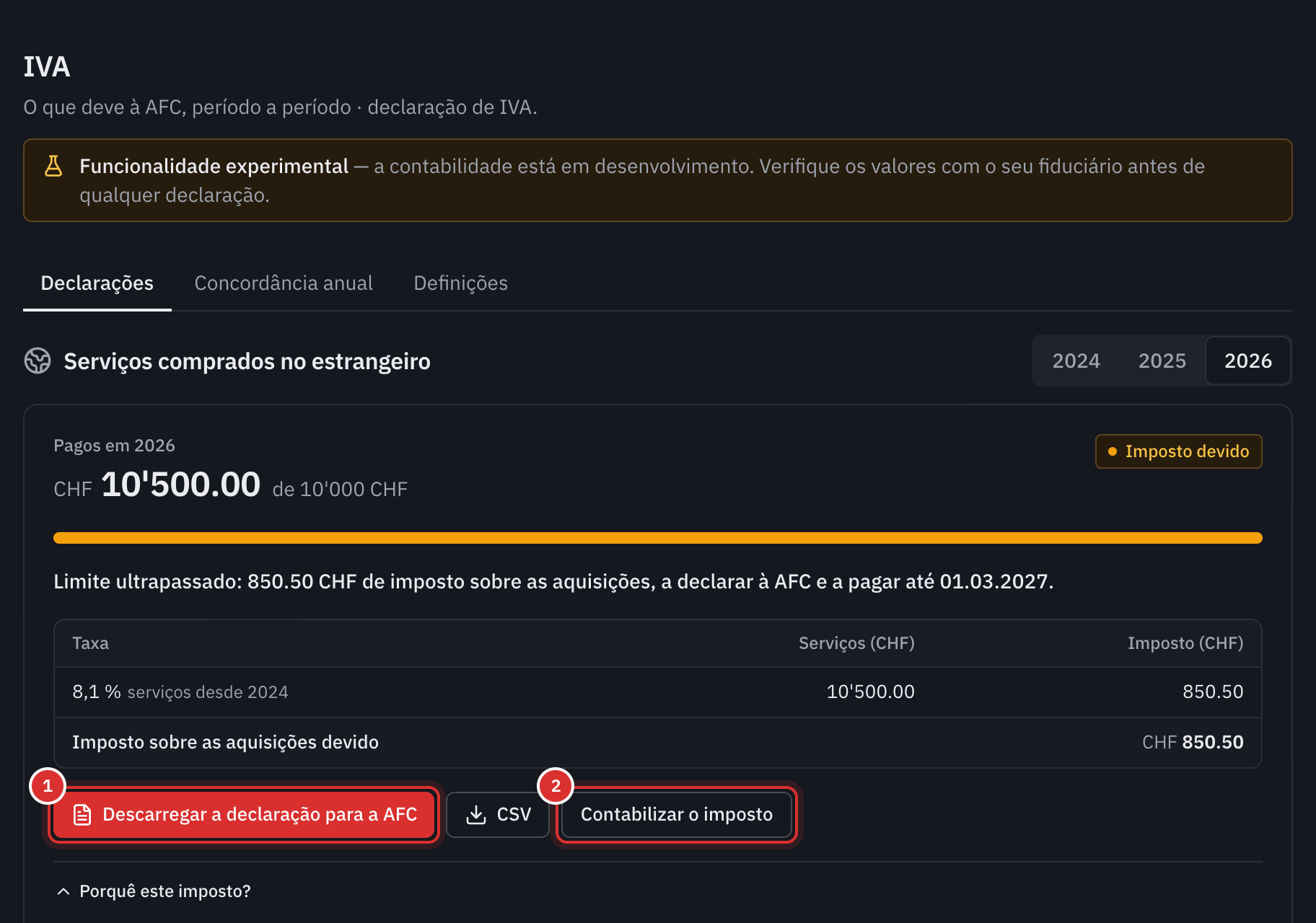 A moldura Serviços comprados no estrangeiro: CHF 10’500 pagos em 2026 para um limite de CHF 10’000, o imposto devido de CHF 850.50 e os botões Descarregar a declaração para a AFC e Contabilizar o imposto.