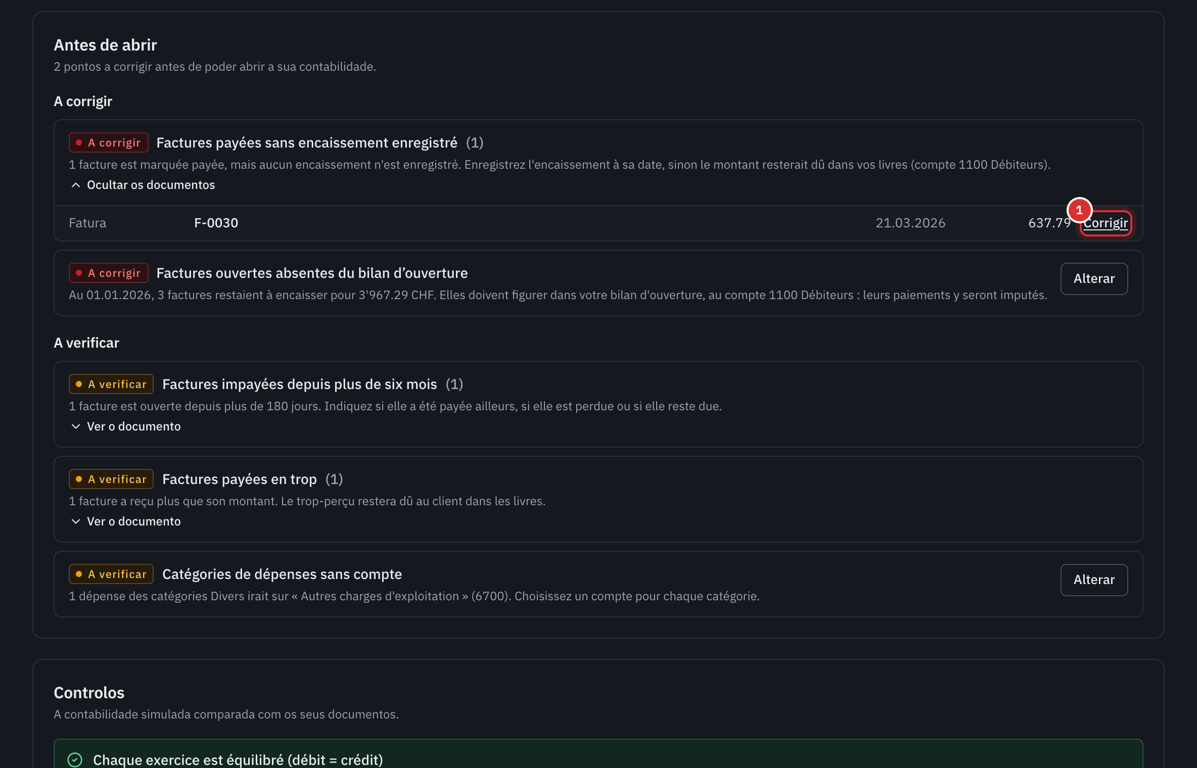 A pré-visualização: dois pontos a corrigir, entre os quais uma fatura paga sem recebimento, com a ligação Corrigir.
