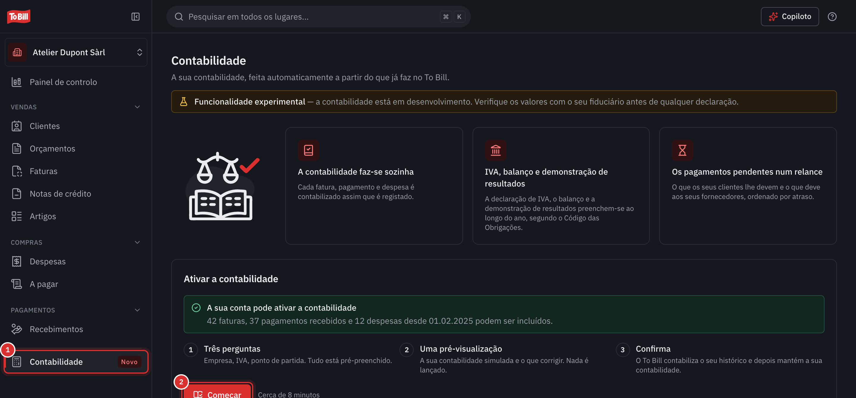 A página Contabilidade antes da ativação: o menu Contabilidade assinalado como Novo e o botão Começar.