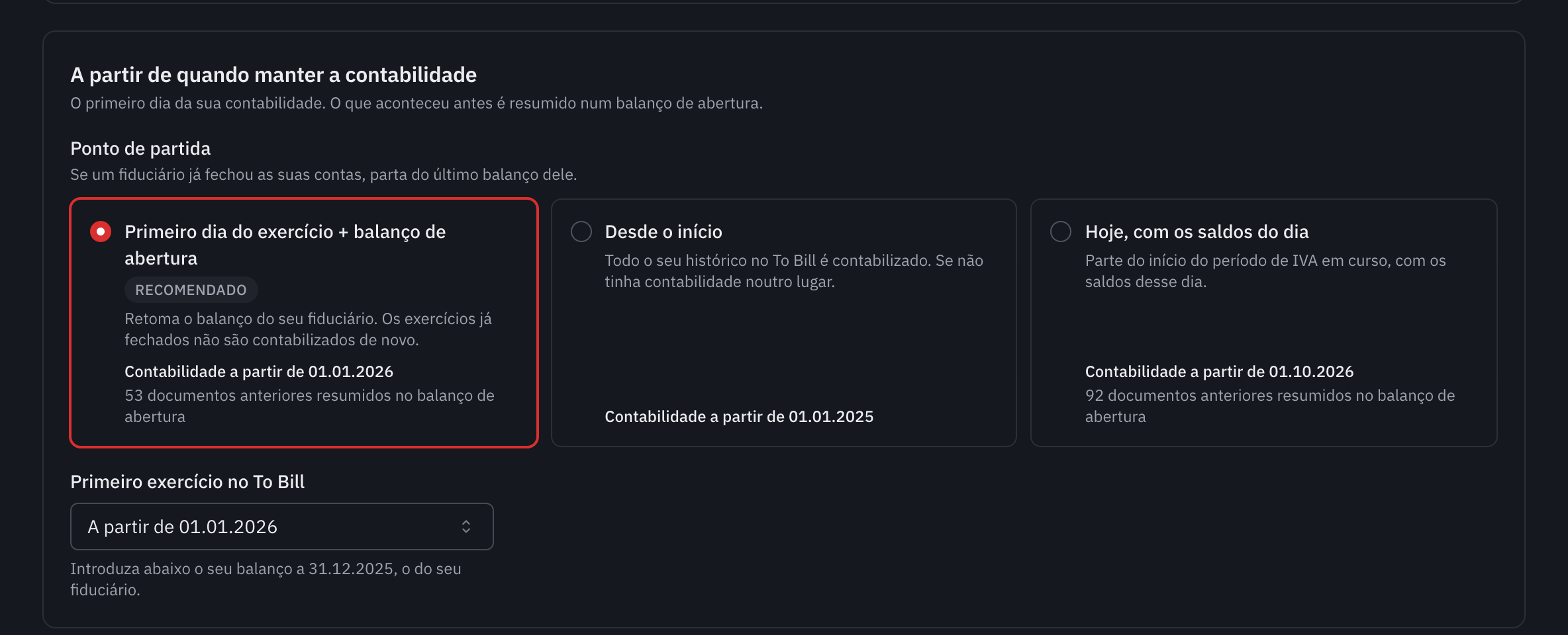 O passo Ponto de partida: as três opções e a data de início dos livros de cada uma.