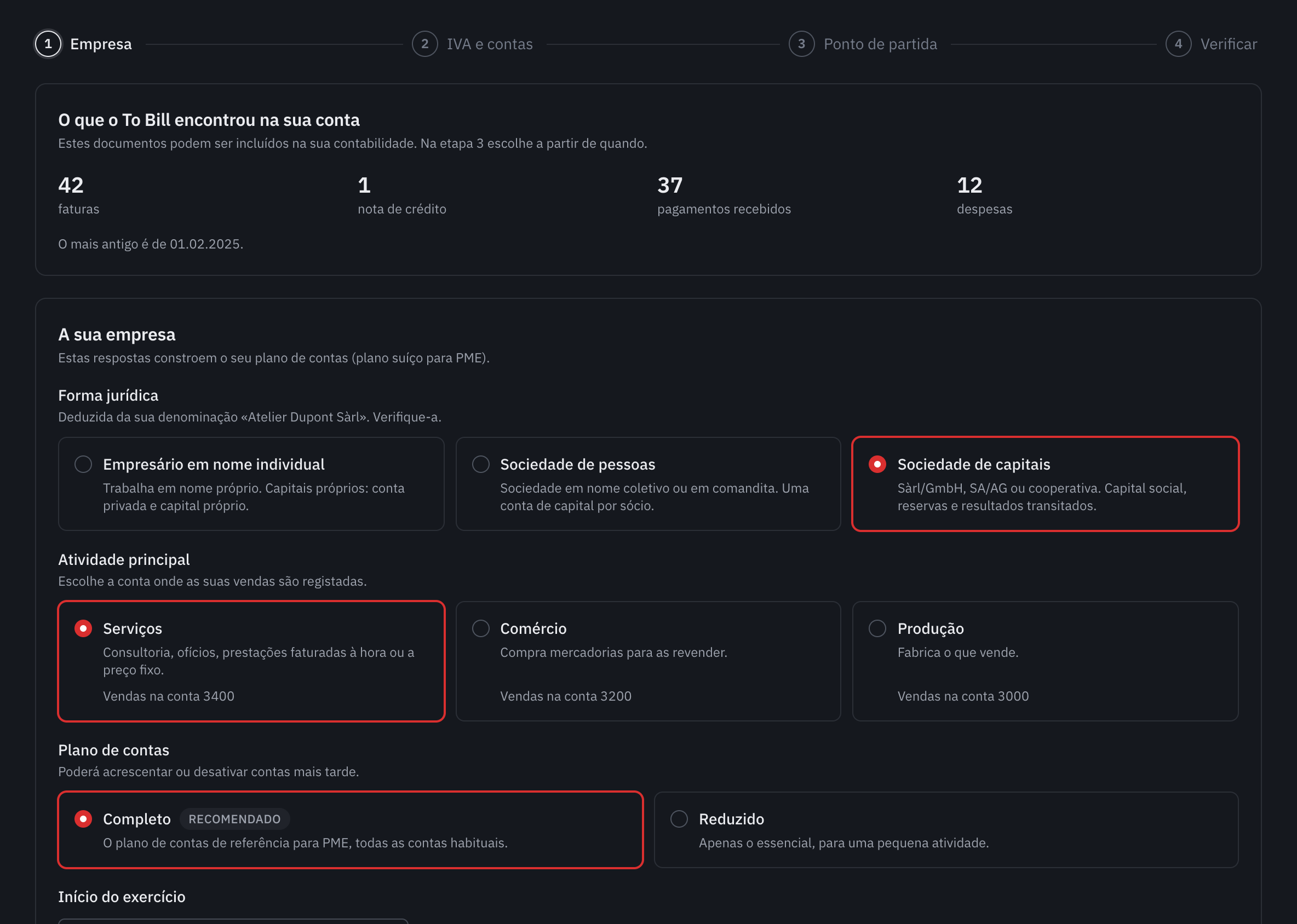 O passo Empresa: os documentos encontrados, a forma jurídica e a atividade principal.