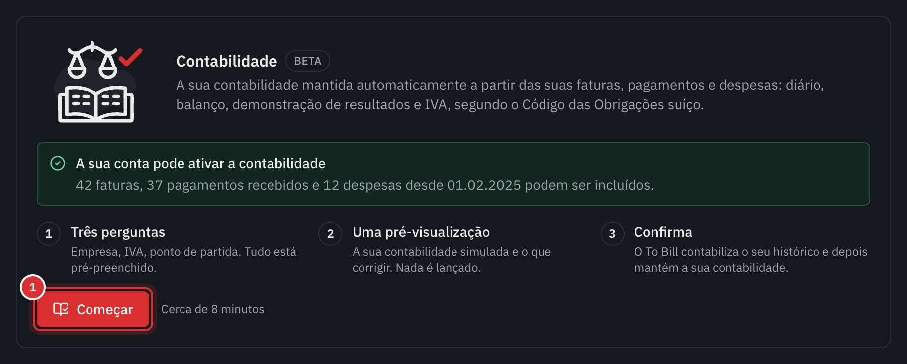 O cartão Contabilidade em Definições, Módulos, com o botão Começar.
