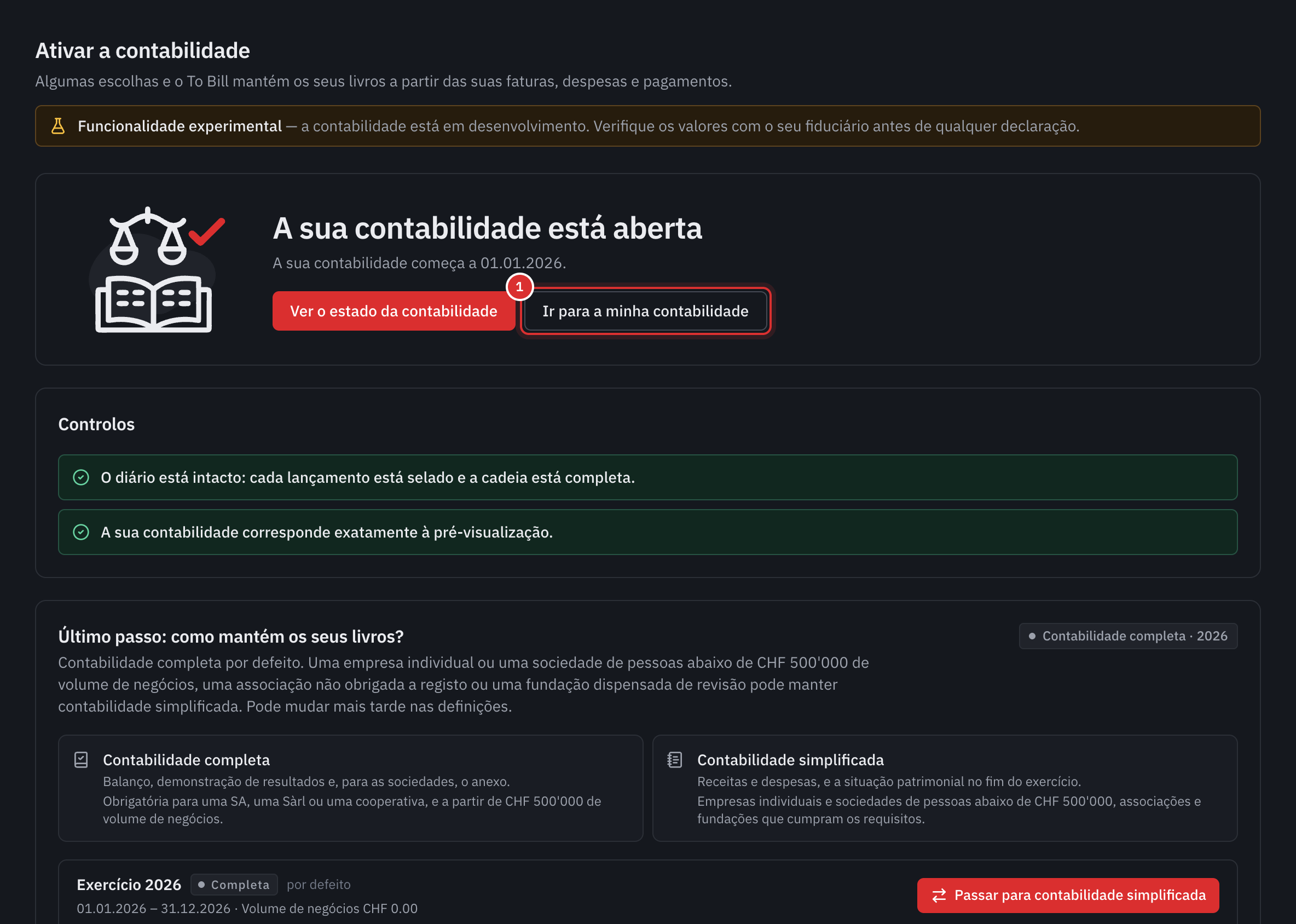 O ecrã A sua contabilidade está aberta, com os controlos e a escolha do tipo de contabilidade.