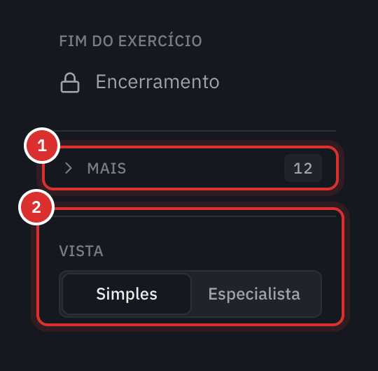 O fundo do menu da contabilidade: o grupo Mais recolhido, com o número de comprovativos que aí aguardam, e a escolha da vista Simples ou Especialista.