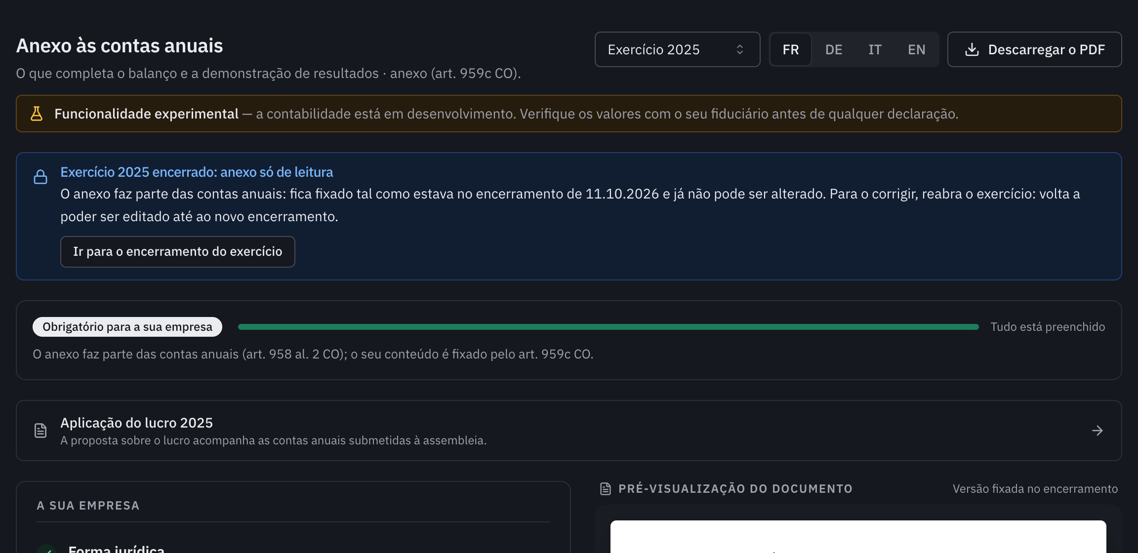 O anexo de 2025 depois do encerramento: a mensagem de exercício 2025 encerrado, anexo só de leitura, com a ligação Ir para o encerramento do exercício.
