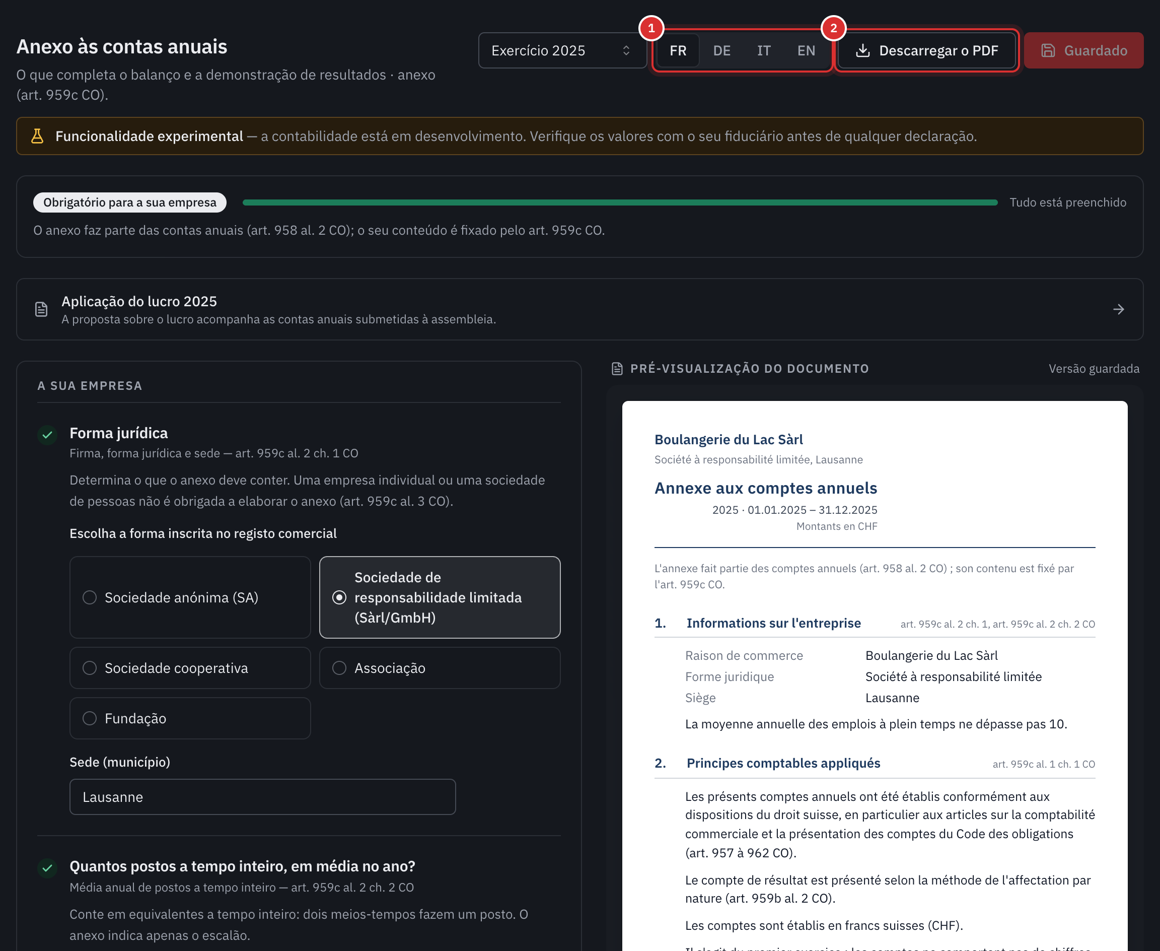 O anexo de 2025: a língua do documento, o botão Descarregar o PDF, a barra Tudo está preenchido, as perguntas sobre a empresa à esquerda e a pré-visualização do documento à direita.