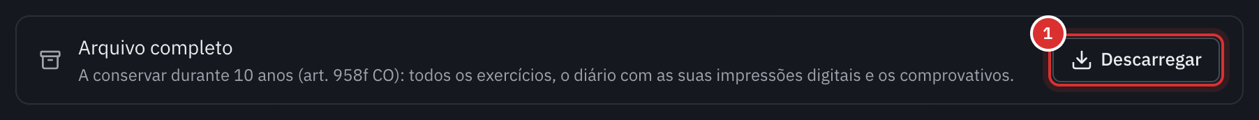A linha Arquivo completo da página Exportações, a conservar durante dez anos, com o botão Descarregar.