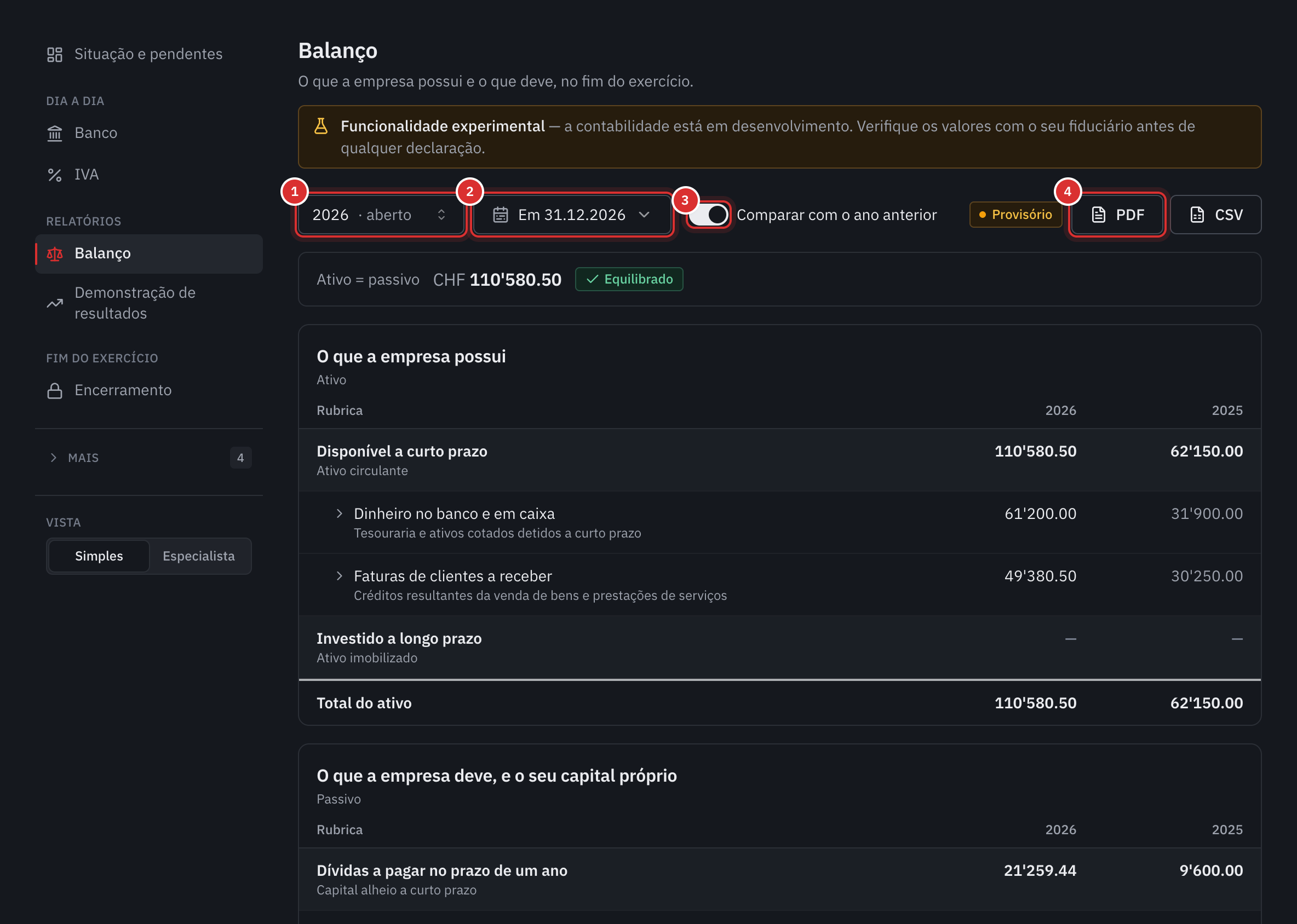 O balanço: o exercício, a data, a comparação com o ano anterior ativada, os botões PDF e CSV e, depois, o ativo de 2026 e de 2025.