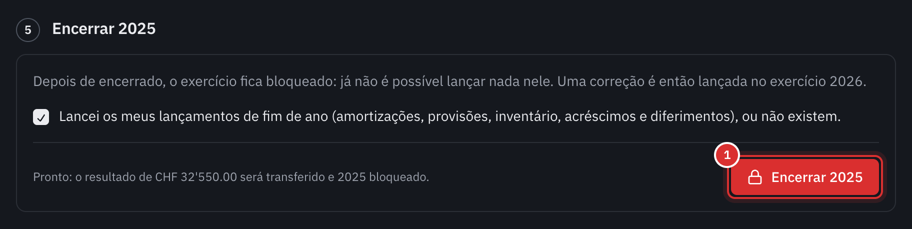O passo Encerrar 2025: a caixa dos lançamentos de fim de ano assinalada e o botão Encerrar 2025.