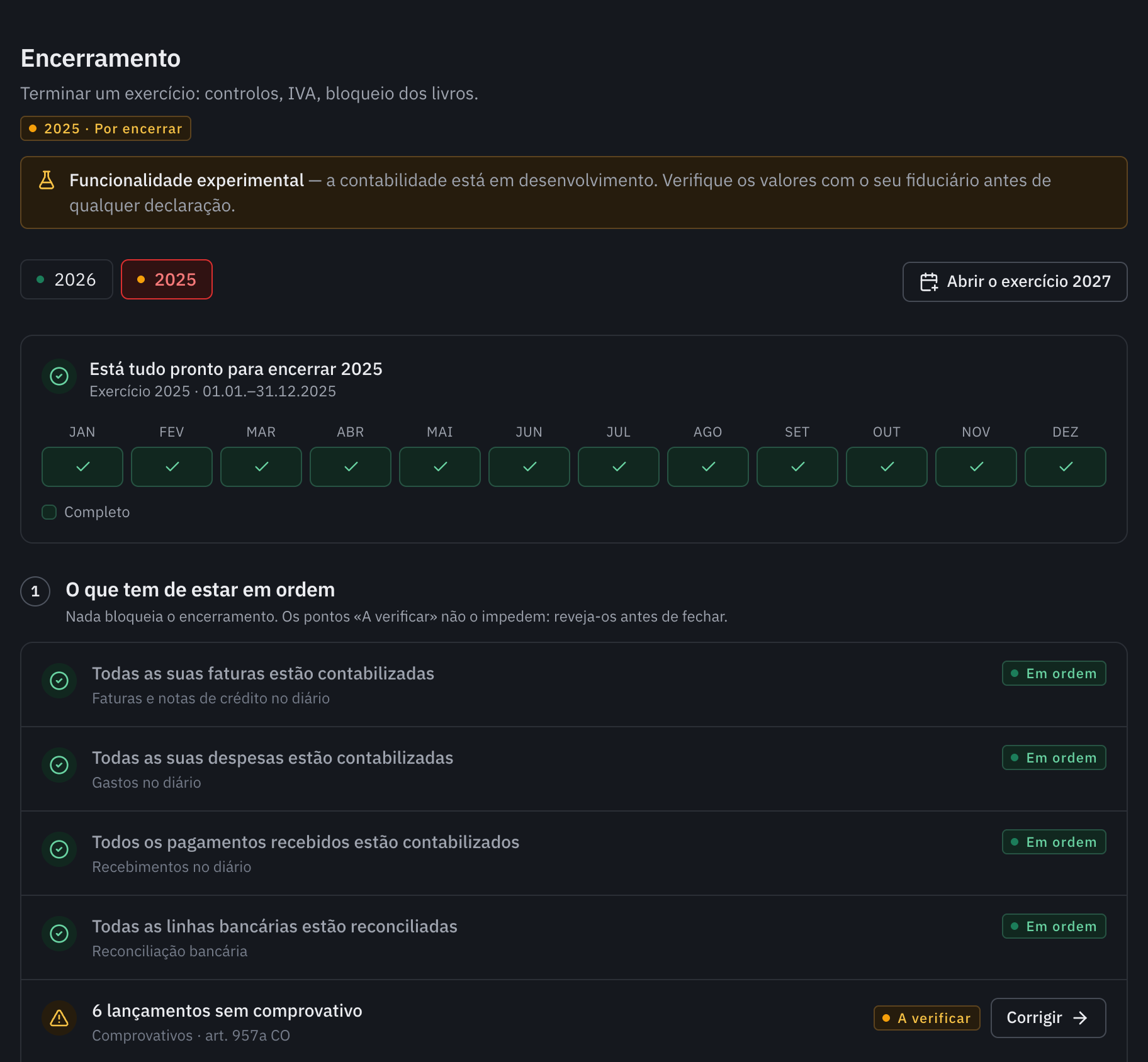 A página Encerramento do exercício 2025: Está tudo pronto para encerrar 2025, os doze meses completos e o início da lista dos controlos.