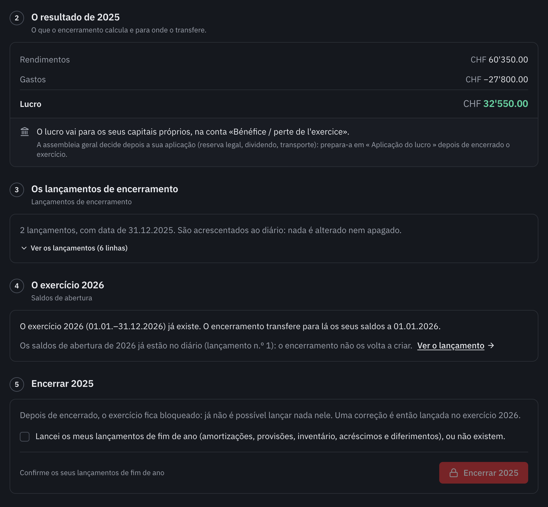 O resultado de 2025: um lucro de CHF 32’550, transferido para a conta de lucro ou prejuízo do exercício; os lançamentos de encerramento, os saldos de abertura de 2026 e o passo Encerrar 2025.