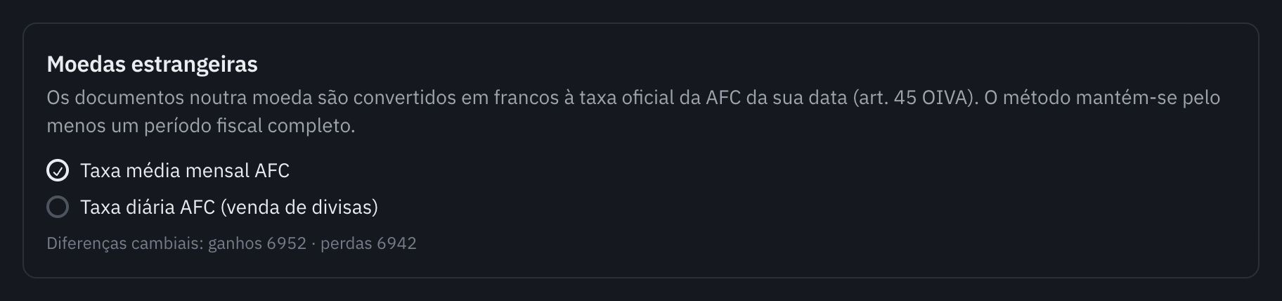 O cartão Moedas estrangeiras das definições: a taxa média mensal da AFC escolhida, a taxa diária como opção e as contas de diferenças cambiais.