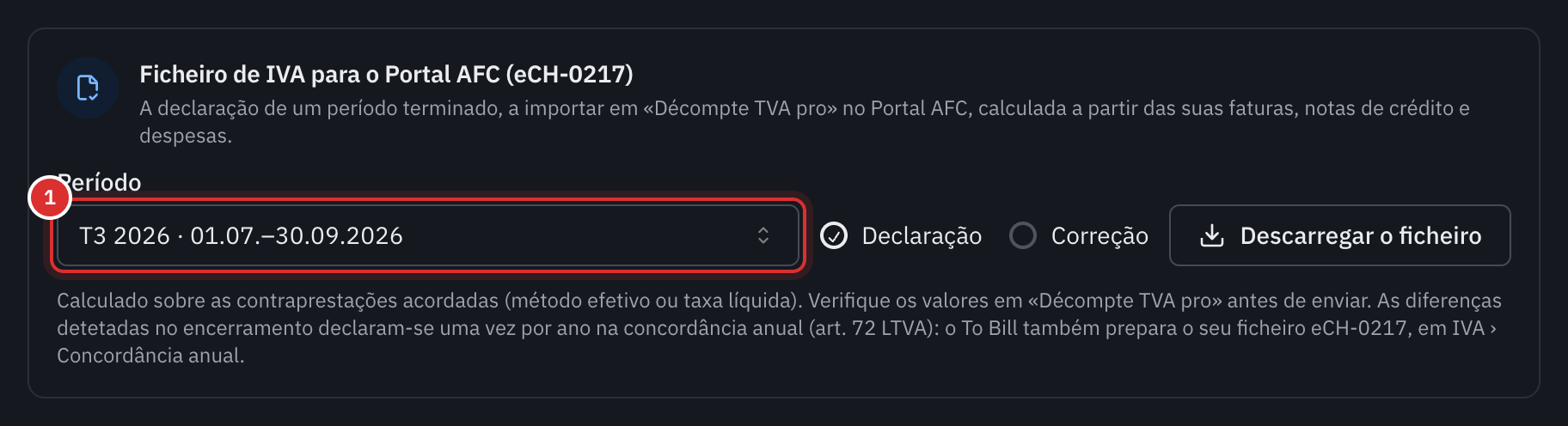 O cartão Ficheiro de IVA para o Portal AFC (eCH-0217) das exportações: o período, o tipo Declaração ou Correção e o botão Descarregar o ficheiro.