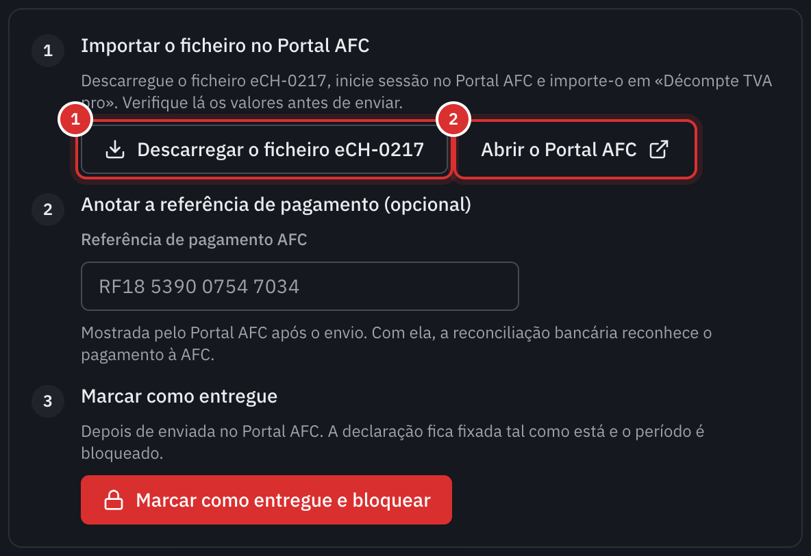 O passo Importar o ficheiro no Portal AFC, com os botões Descarregar o ficheiro eCH-0217 e Abrir o Portal AFC.