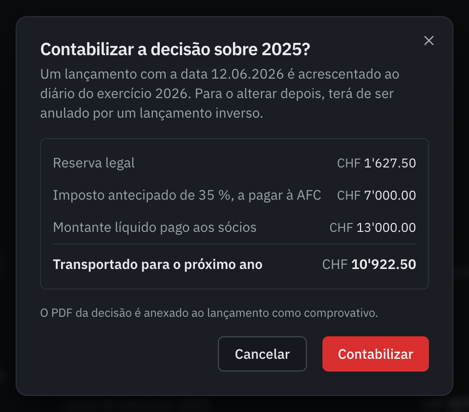 A janela para contabilizar a decisão sobre 2025: o lançamento com data de 12.06.2026, a reserva legal, o imposto antecipado, o montante líquido e o resto transportado.