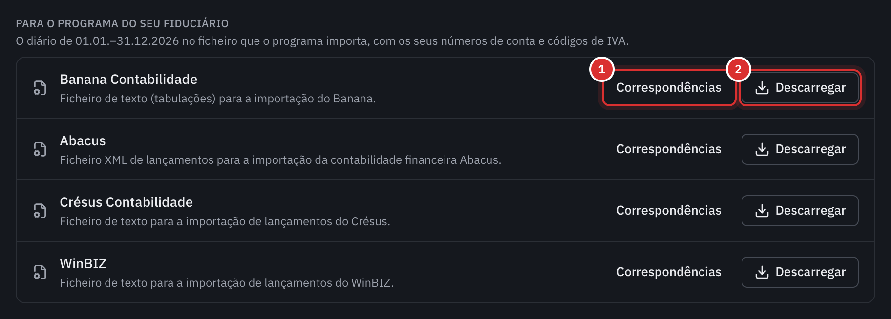 Os quatro programas de fiduciário, cada um com os botões Correspondências e Descarregar.
