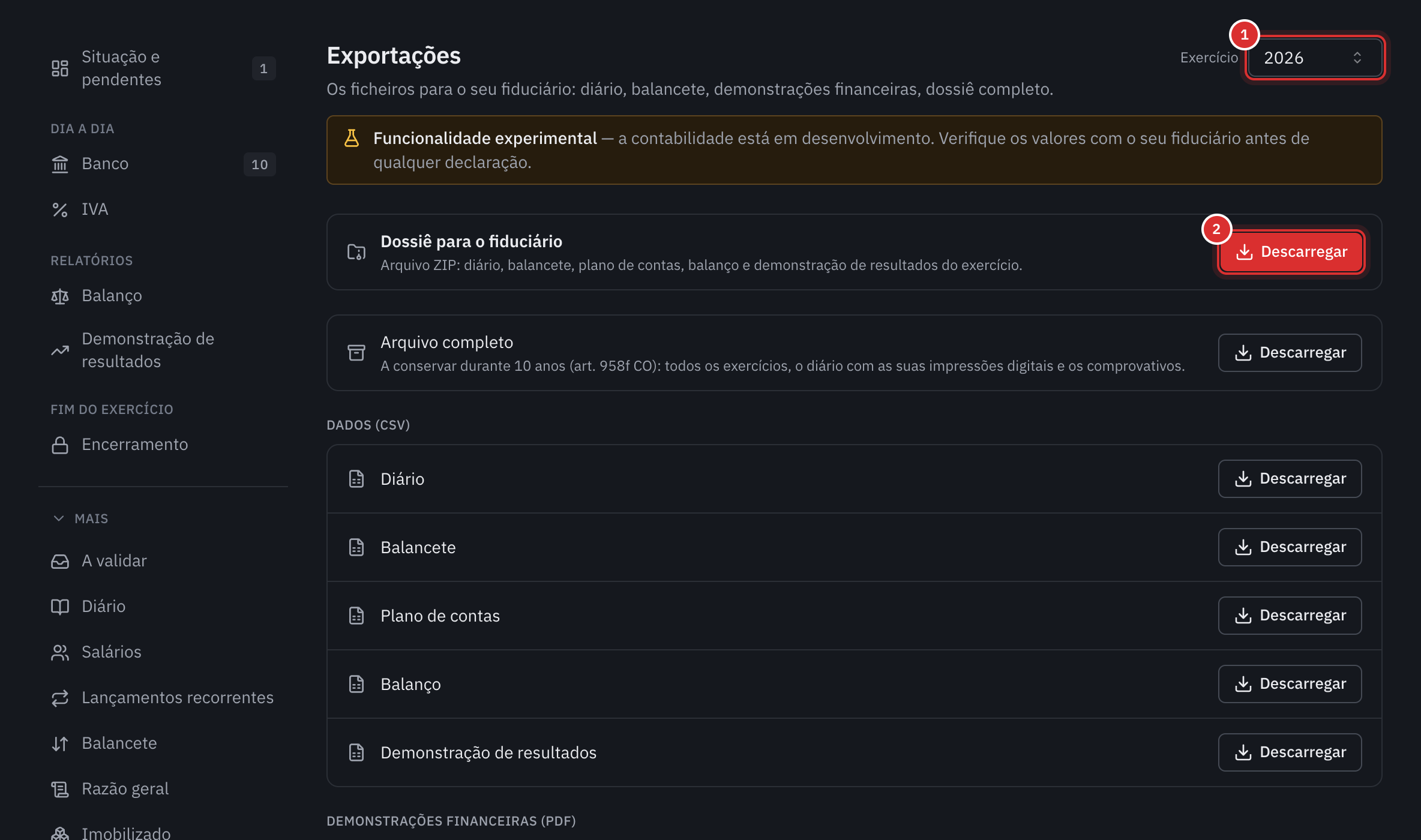 A página Exportações: a escolha do exercício, o dossiê para o fiduciário, o arquivo completo e os dados em CSV.