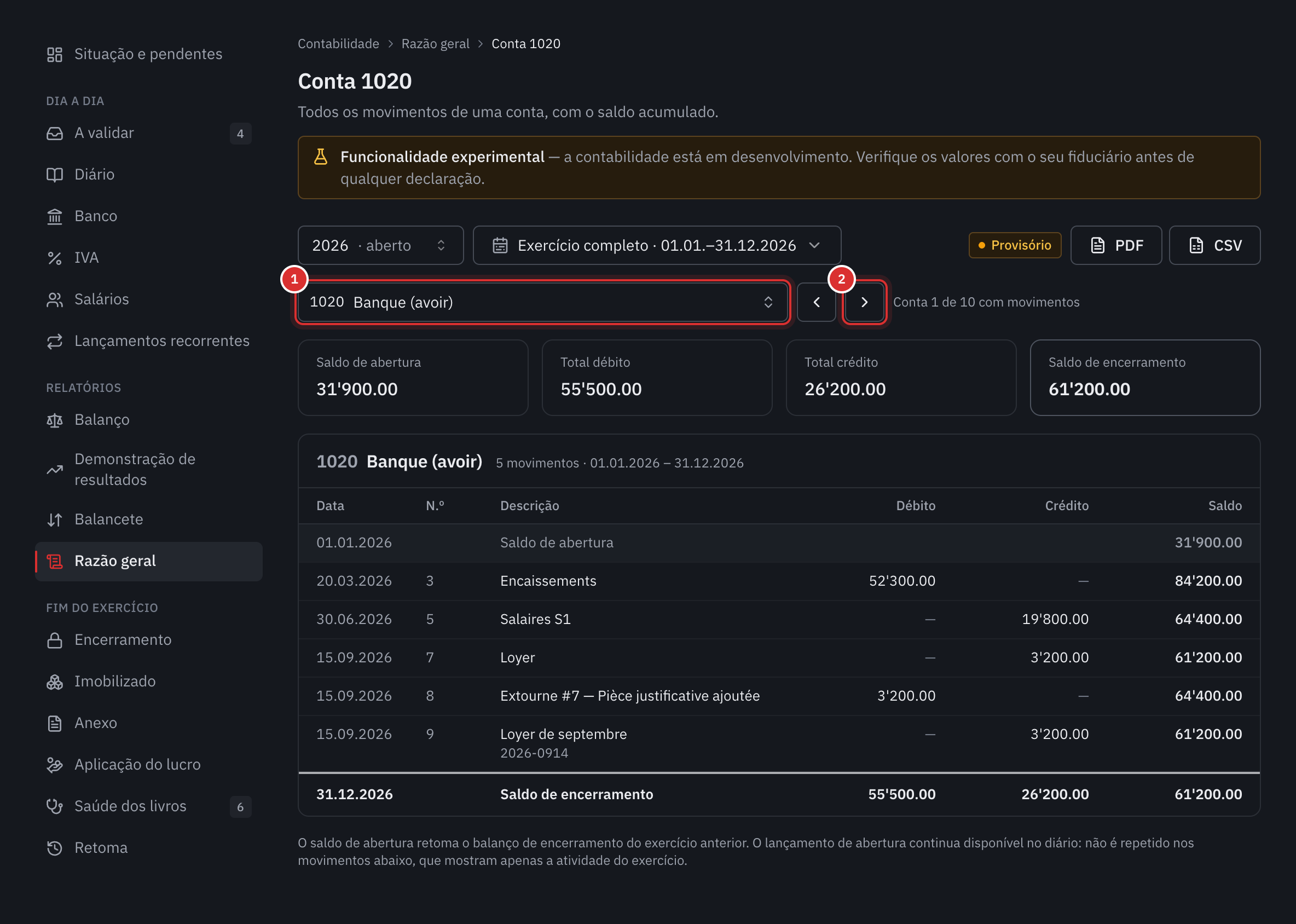 O razão geral da conta 1020 Banco: o saldo de abertura, os totais, o saldo de encerramento e cada movimento com o saldo ao longo do tempo.