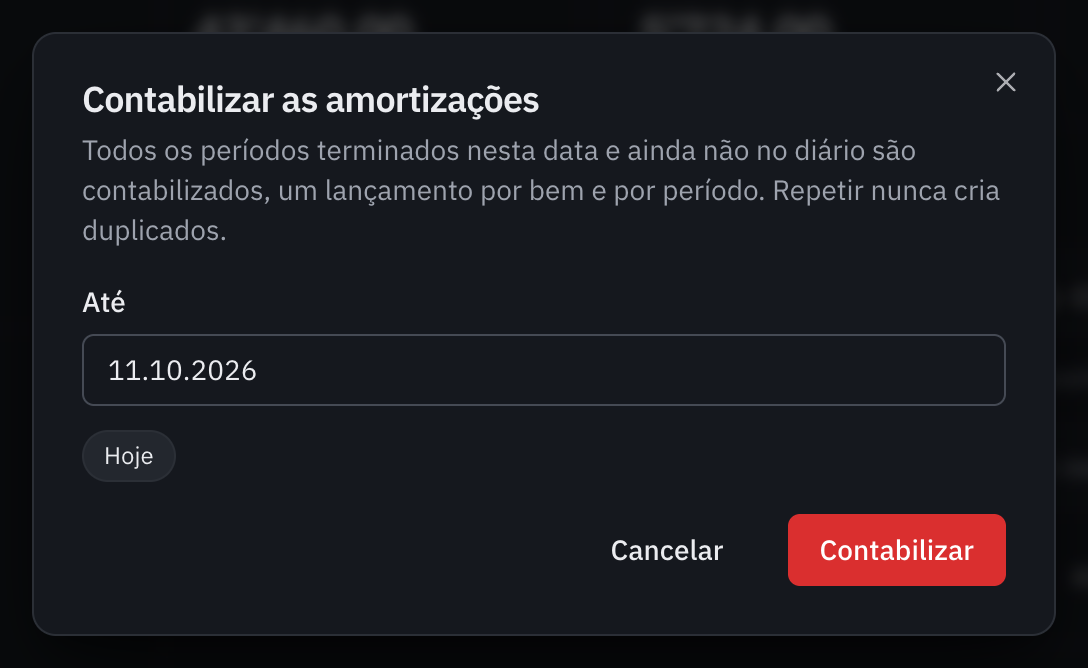 A janela Contabilizar as amortizações, com a data Até e os atalhos Hoje e Encerramento.