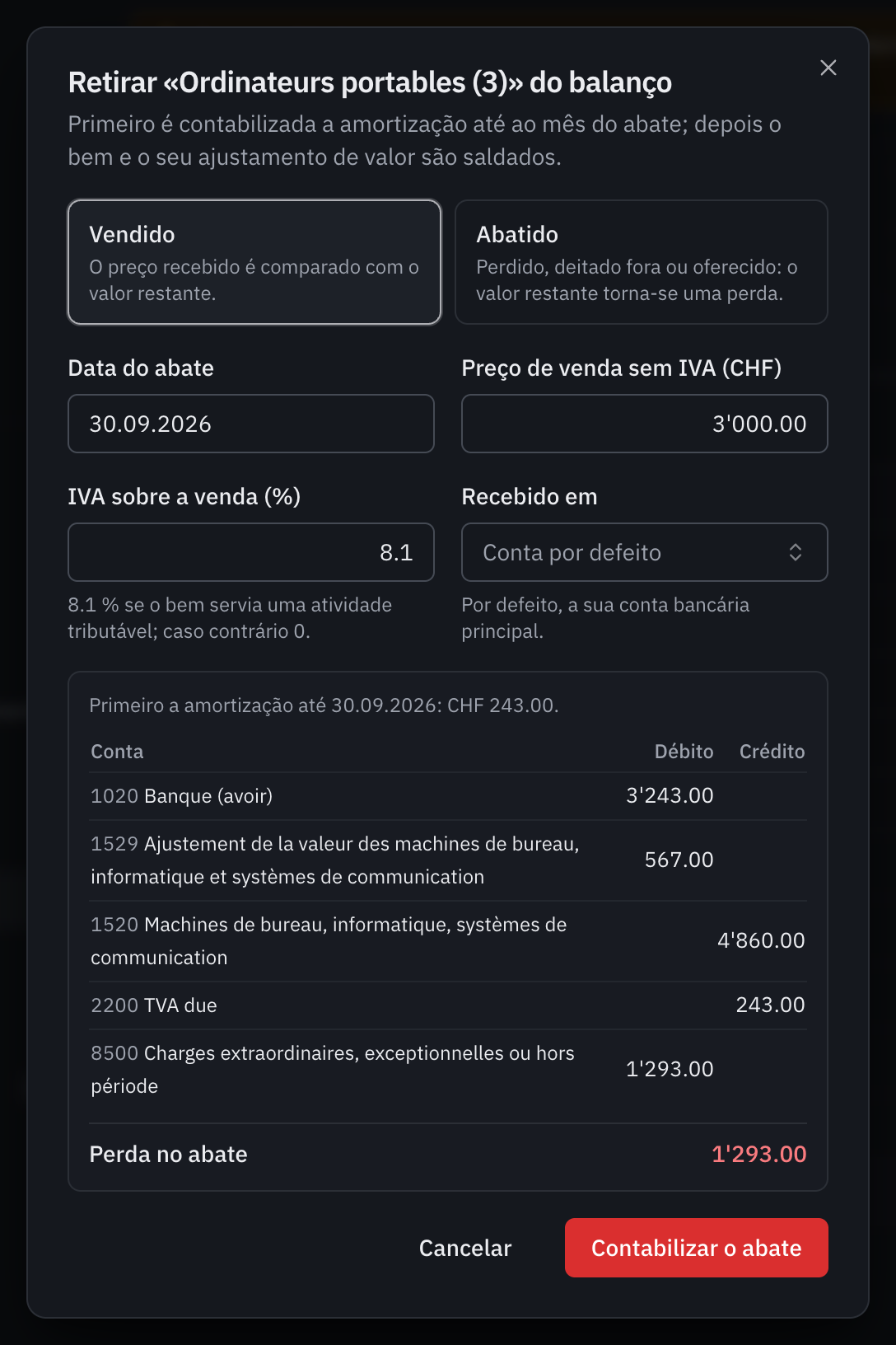 A janela de saída de computadores vendidos por CHF 3’000 sem IVA: a amortização até à saída, o lançamento proposto e a perda no abate.