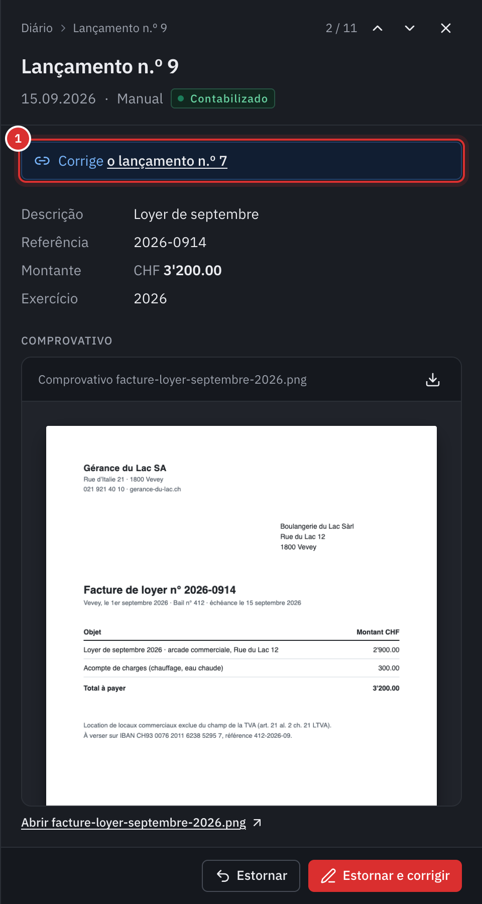 O painel da correção: a ligação para o lançamento n.º 7 que corrige e a fatura da renda anexada como comprovativo.