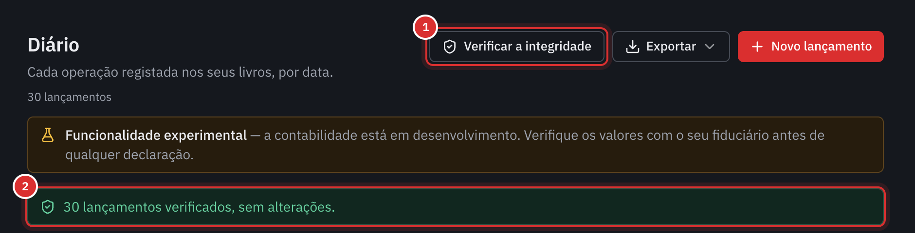 O resultado da verificação: todos os lançamentos verificados, nenhuma alteração.