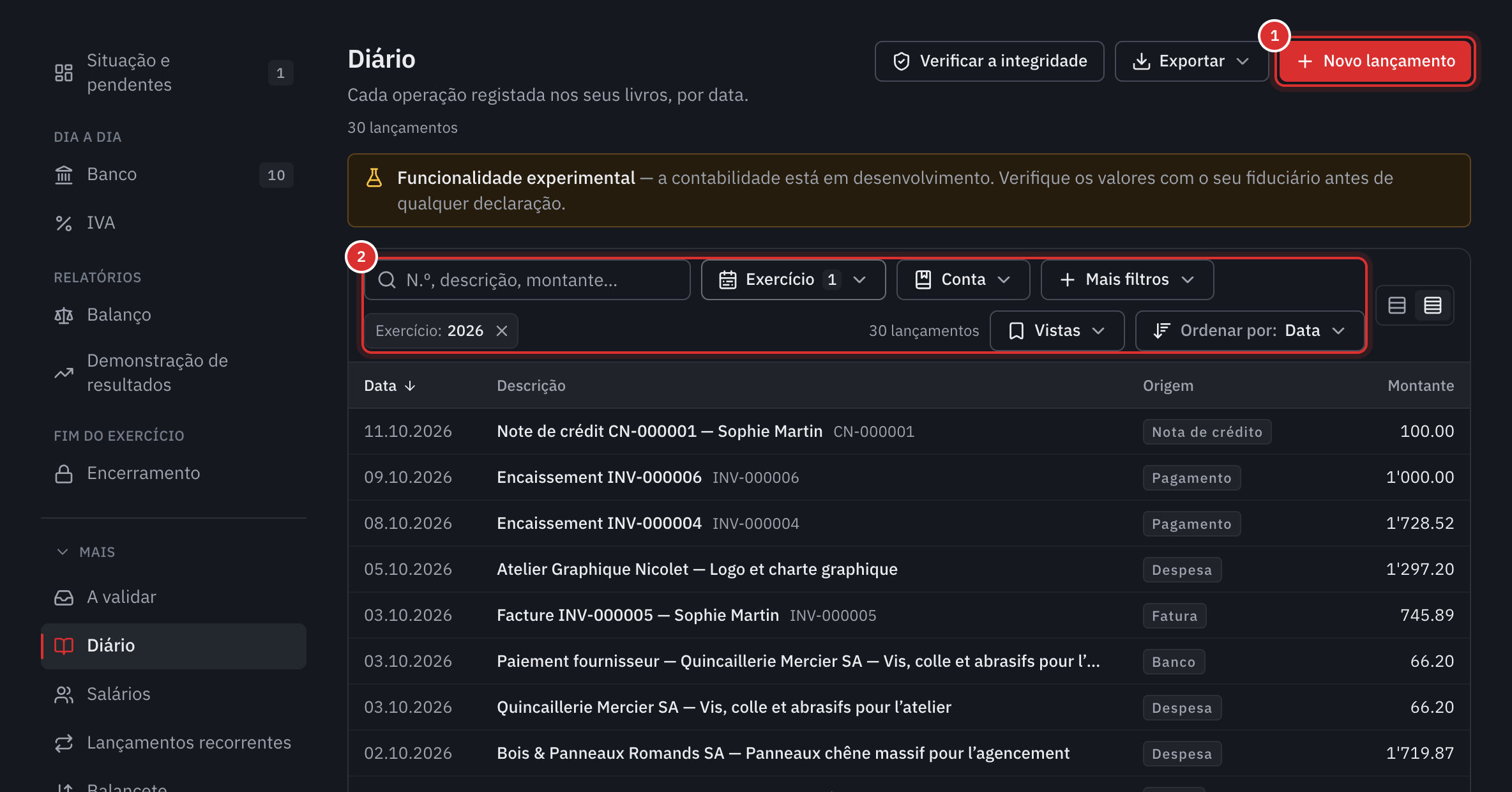 O diário: o botão Novo lançamento, a barra de pesquisa e de filtros e, depois, os lançamentos com a respetiva origem e montante.