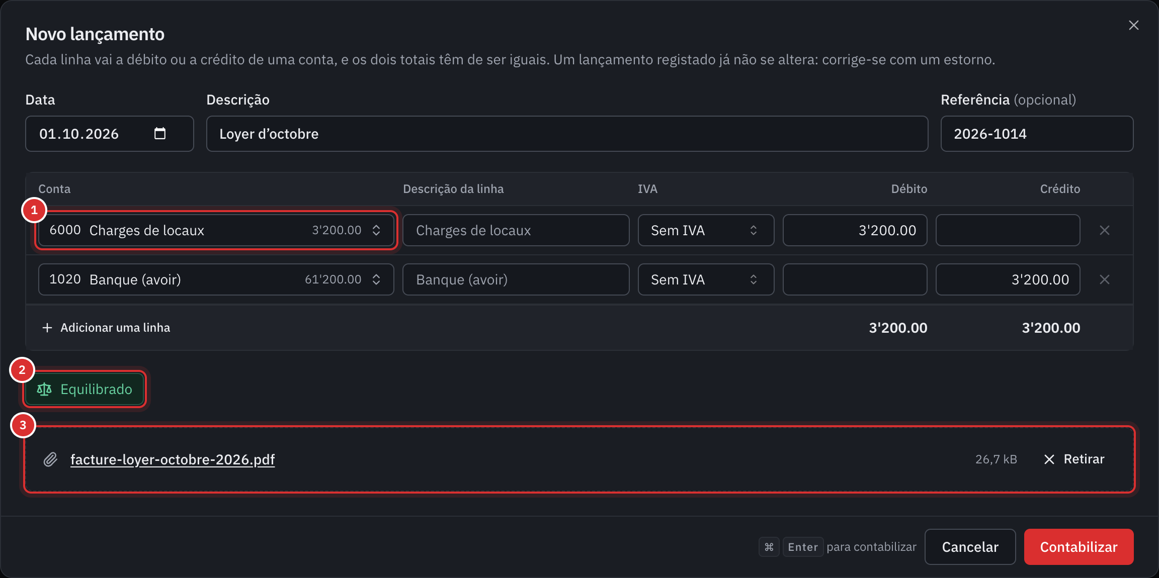 A janela Novo lançamento: uma renda de 3’200 francos a débito da conta 6000 e a crédito do banco 1020, equilibrado, com a fatura anexada.
