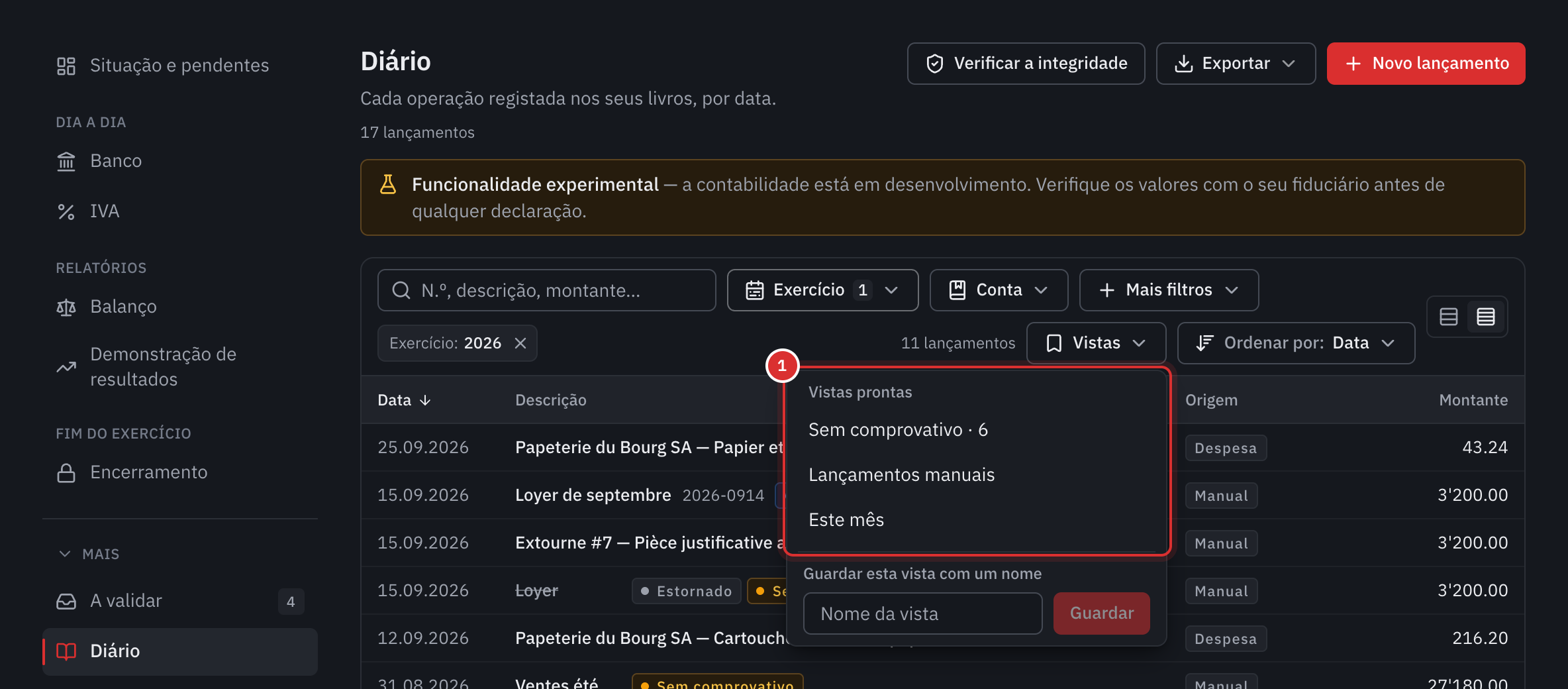 O menu Vistas do diário aberto: Sem comprovativo, seis lançamentos, depois Lançamentos manuais e Este mês.