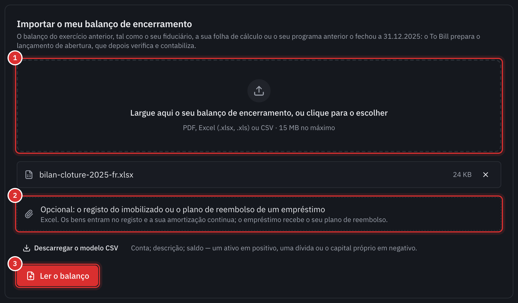 O quadro Importar o meu balanço de encerramento: o ficheiro do balanço escolhido, o quadro opcional do registo do imobilizado ou do plano de reembolso do empréstimo, e o botão Ler o balanço.