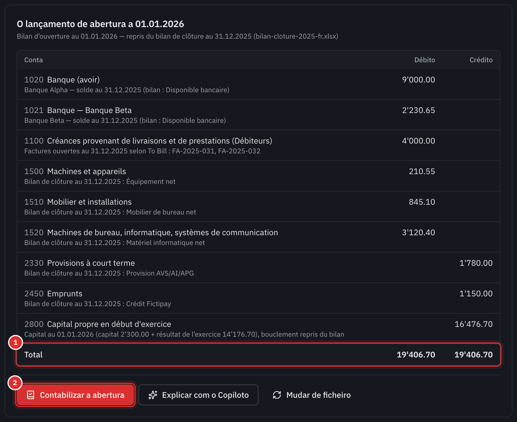 O lançamento de abertura a 01.01.2026: os bancos, os clientes, o imobilizado, a provisão, o empréstimo e o capital, o total equilibrado e o botão Contabilizar a abertura.