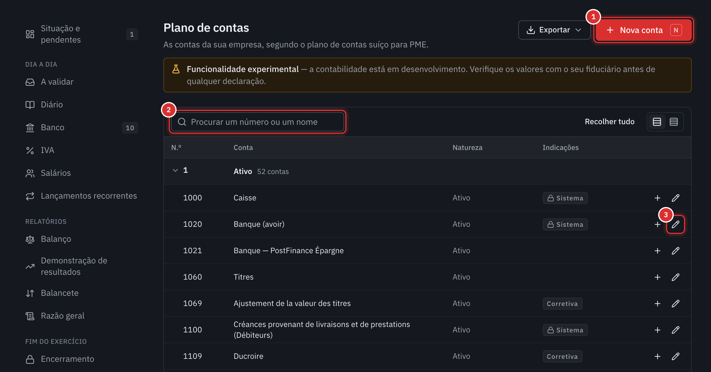 O plano de contas: as contas da classe 1 com a natureza e as indicações, o botão Nova conta e a pesquisa.