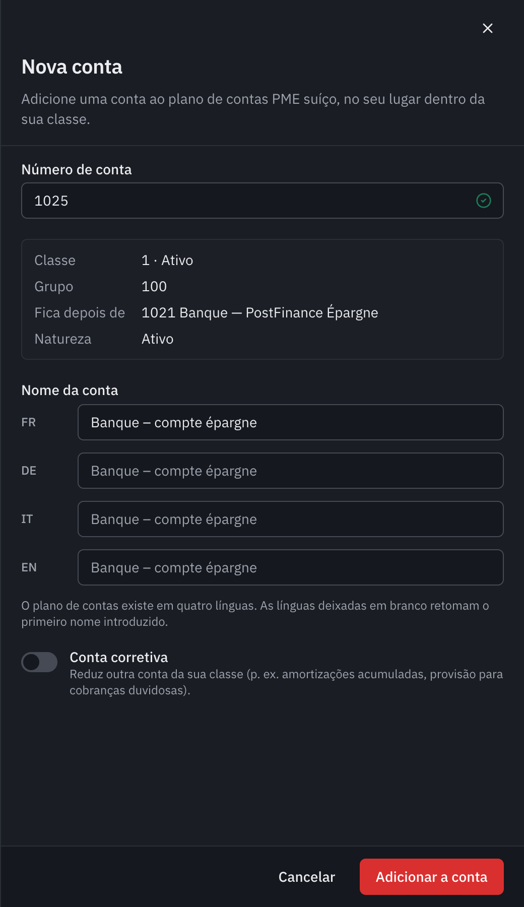A janela Nova conta: o número 1025, o seu lugar depois de 1020 Banco, e o nome Banco – conta poupança.