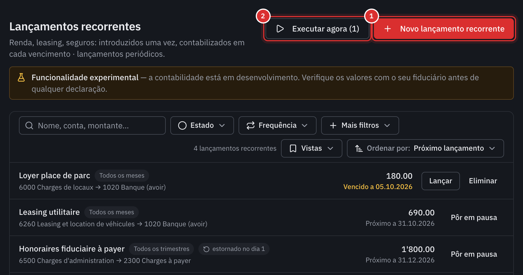 A lista dos lançamentos recorrentes: uma renda de lugar de estacionamento vencida com o botão Lançar, um leasing, honorários a pagar estornados no dia 1 e um seguro anual.
