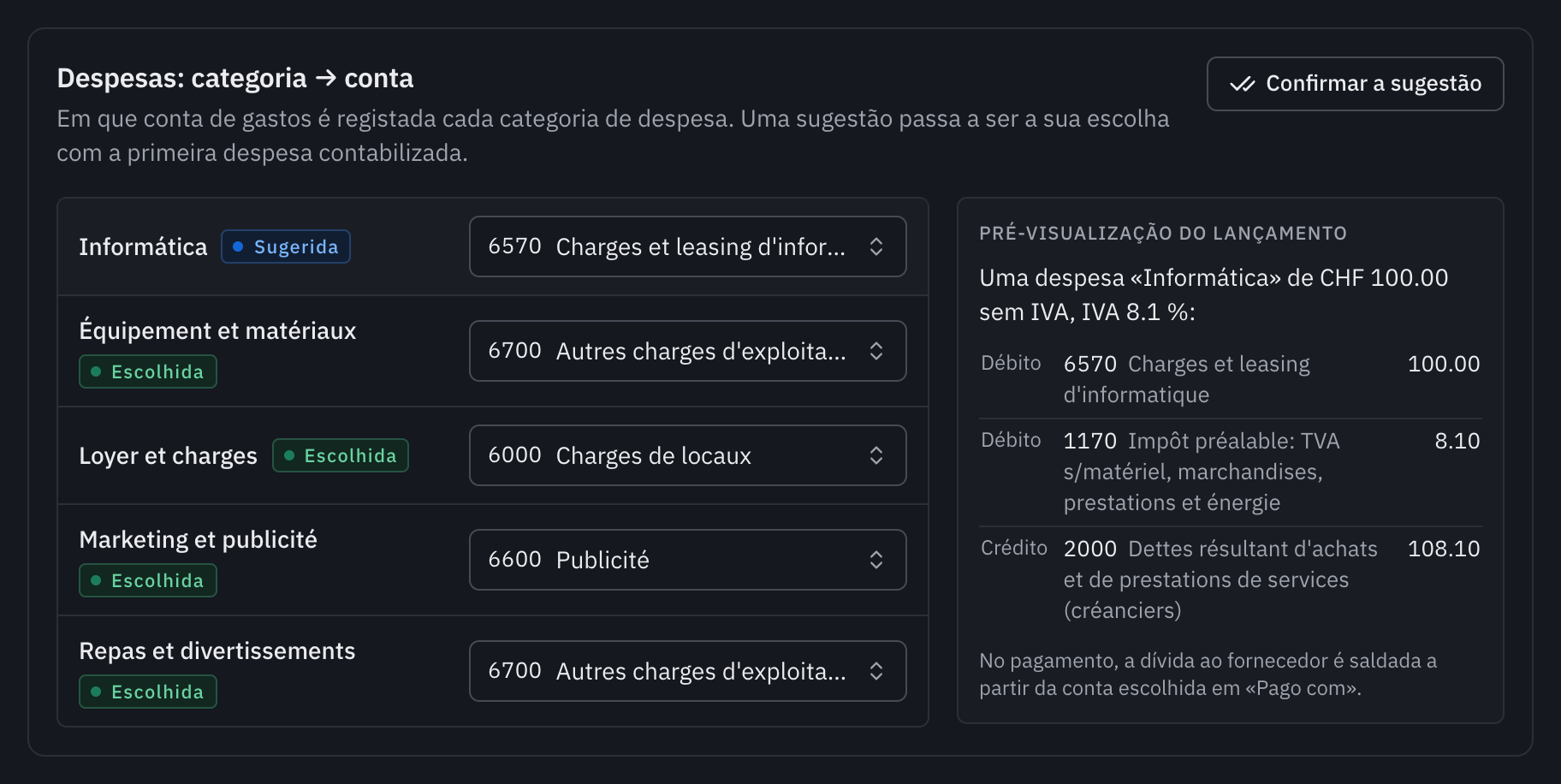 O cartão Despesas: categoria para conta, com a categoria Informatique sugerida na conta 6570 e a pré-visualização do lançamento.