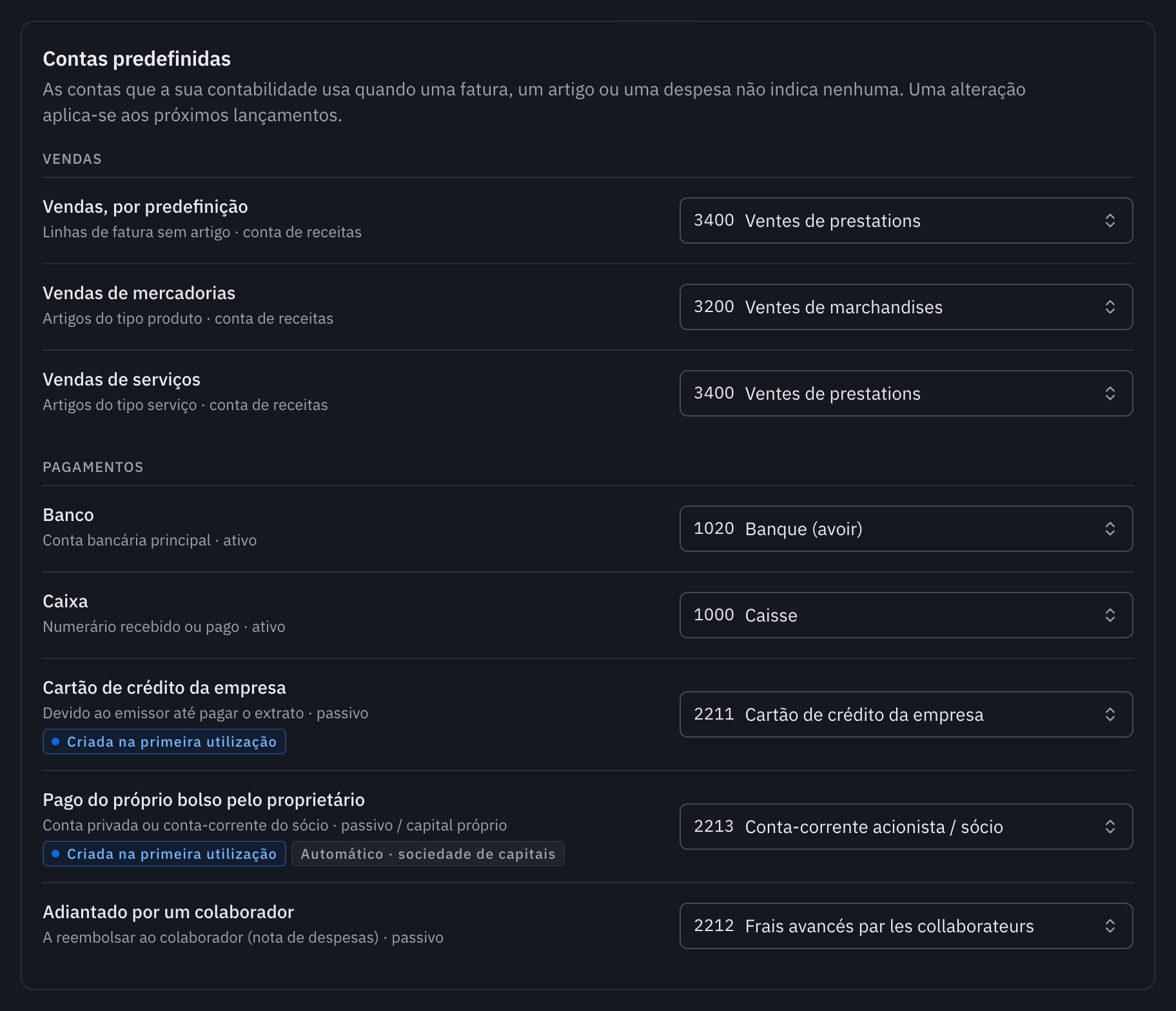 O cartão Contas predefinidas: as contas de vendas e, depois, as do banco, da caixa, do cartão de crédito, do proprietário e dos colaboradores.
