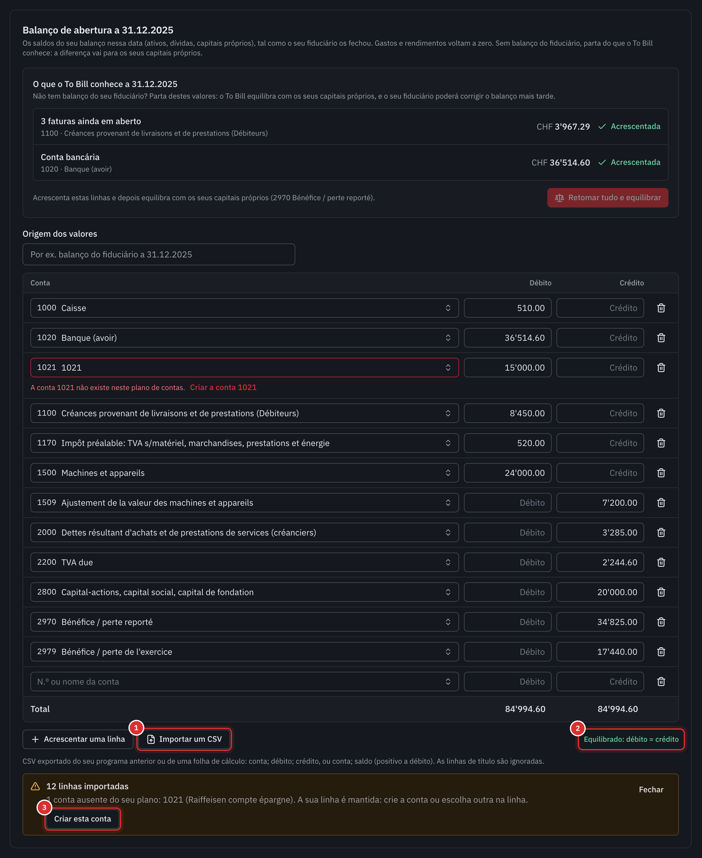 O balanço de abertura importado: uma linha por conta, equilibrado, a linha da conta 1021 assinalada como ausente do plano de contas, e a mensagem com o botão Criar esta conta.