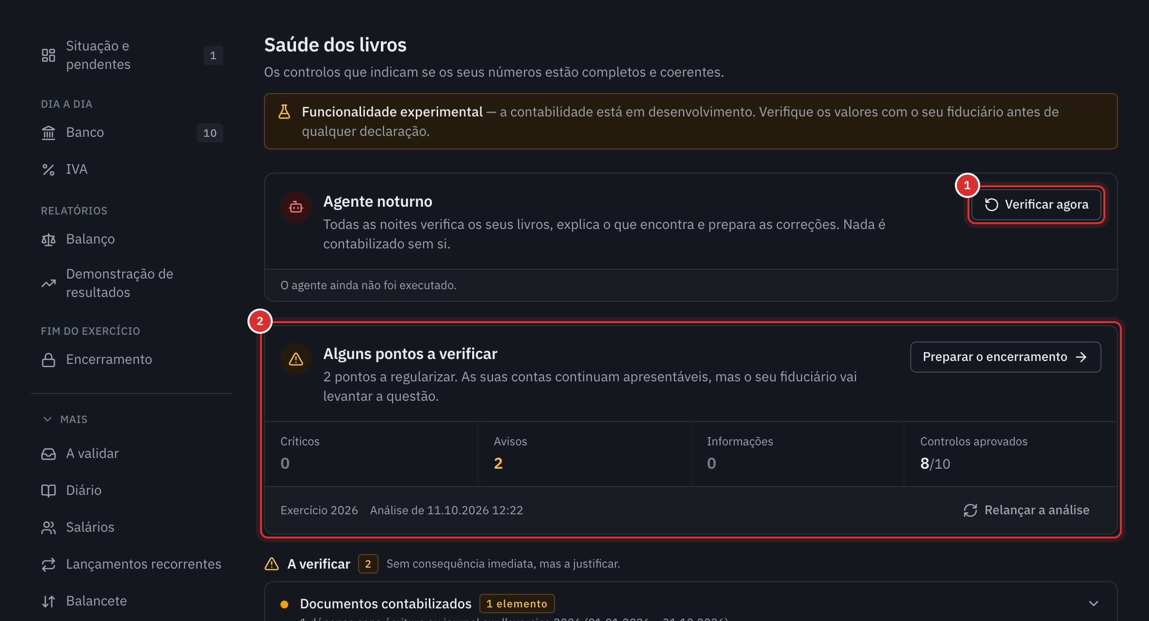 A página Saúde dos livros: o agente noturno com Verificar agora e, depois, o diagnóstico Alguns pontos a verificar com os respetivos contadores.