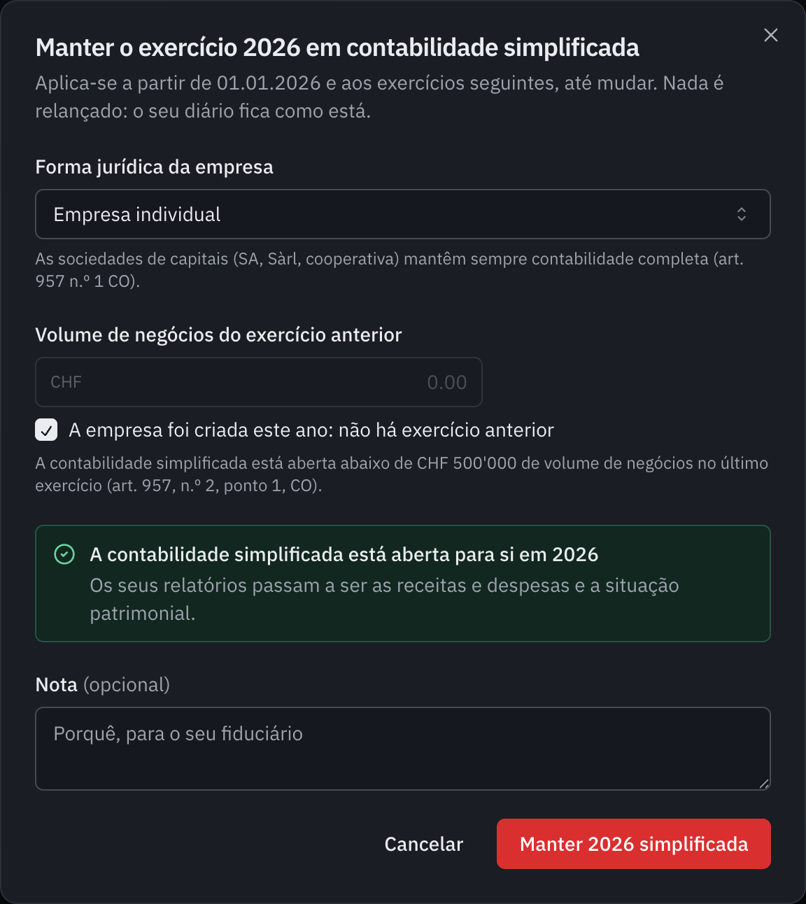 A janela para manter o exercício 2026 em contabilidade simplificada: empresário em nome individual criado este ano, e a mensagem de que a contabilidade simplificada está aberta para 2026.